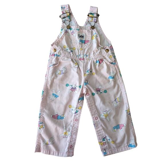 Vintage 80s Lee Bear's Exercising Printed Overalls Pastel Pink Y2K Kids 24 Month - Picture 1 of 8